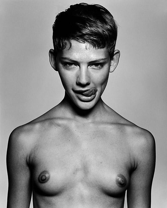 Emily Breeding by Rankin, black and white portrait of nude model with tounge out