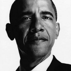 Barack Obama by Nigel Parry,, black and white portait of the president in a suit