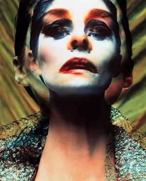 Charlotte Rampling, Vogue Brasil. 1991 by Michel Comte, double exposure portrait in heavy makeup