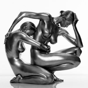 DEMETER AND PERSEPHONE by Guido Argentini, two nude models painted silver intertwined