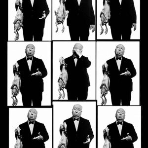 Alfred Hitchcock with Goose, Contact Sheet. 1973 by Albert Watson, the director in a black suit holding a plucked goose
