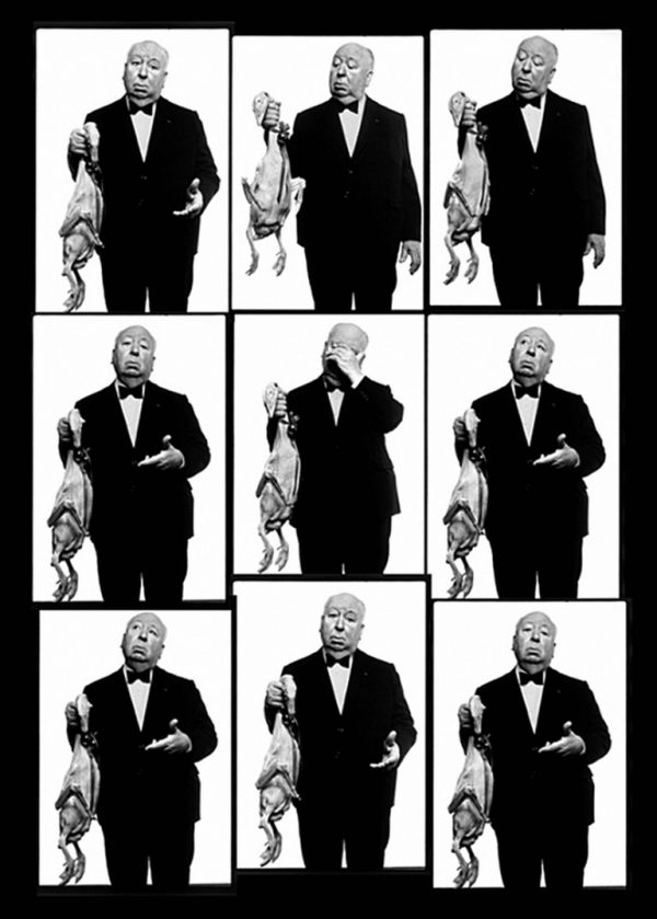 Alfred Hitchcock with Goose, Contact Sheet. 1973 by Albert Watson, the director in a black suit holding a plucked goose