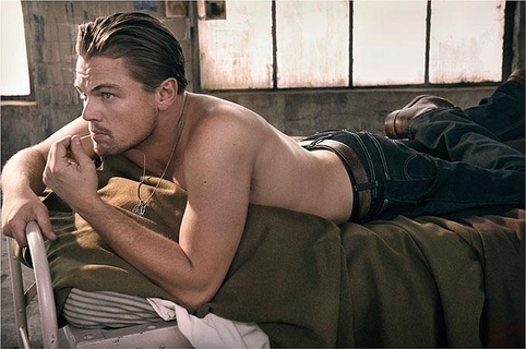 Leonardo DiCaprio, Los Angeles. 2008 by Mark Seliger, the actor lying on a military bed in jeans, shirtless