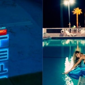 Diptych Lost Woman I by Guido Argentini, reflection of a blue neon sign in water and model in blue dress sitting by the pool