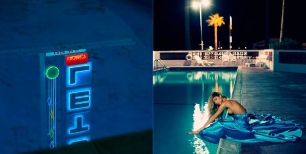 Diptych Lost Woman I by Guido Argentini, reflection of a blue neon sign in water and model in blue dress sitting by the pool