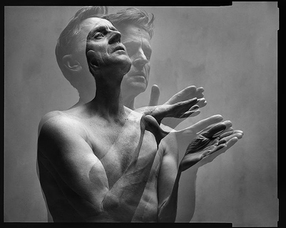 Mikhail Baryshnikov by Mark Seliger, double exposure portrait of the ballett dancer in a praying gesture