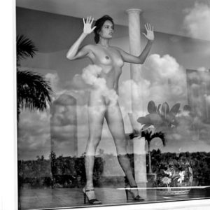 You are the mirror where I saw my soul, 1999 by Guido Argentini, nude model in heals standing behind a window with reflections of clouds and plants on it