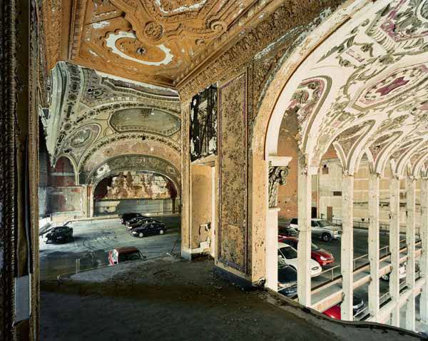 Michigan Theater Parking Garage Detroit, Michigan, 2001 by Robert Polidoro, baroque and broken downn interior, used as a parking lot