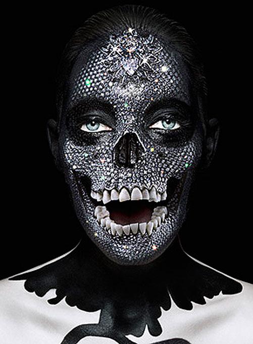 Memento Sparkling Mask, portrait of model with crystal covered facce to look like a skull with real teeth