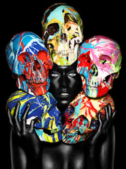 Painted Skulls II (eyes open) by Rankin, model painted black, her face surrounded by five colorfully painted skulls