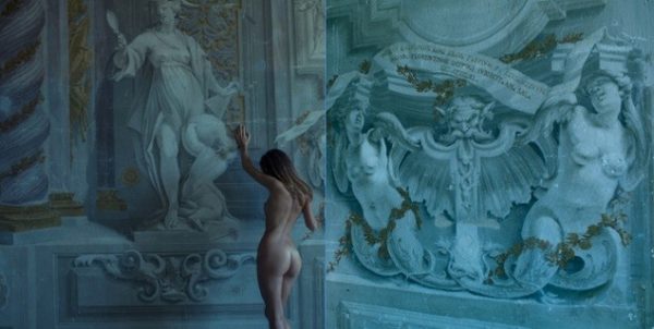 Diptych In the depth of me by Guido Argentini, Dyptich of nude model in front of blue and gold fresco and another blue fresco