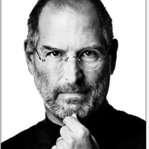 Steve Jobs by Albert Watson, black and white portrait of the business man in a black turtleneck
