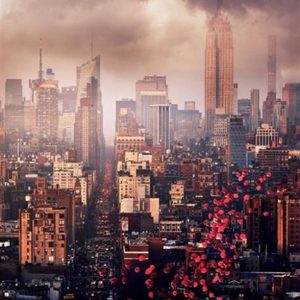 Balloons over New York by David Drebin, red pink and black balloons floating over Manhatten, NY city