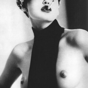 smoke, Nadja Auermann 1991 by Ellen von Unwerth, the model in black top andcap with exposed breasts, smoking a cigarette