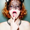 meow, jessica chastain by Ellen von Unwerth, portrait of the actress in a lace cat mask and pink lip, open mouth