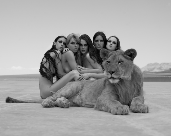 The Lion King 2008 by Sylvie Blum, five nude models sitting in the desert behind a lion