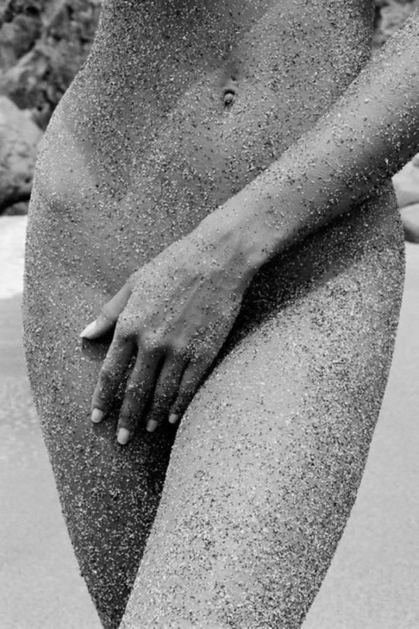 Petra Grand Fond II, Shell Beach. 2015 by Antoine Verglas, closeup of nude model covered in Sand