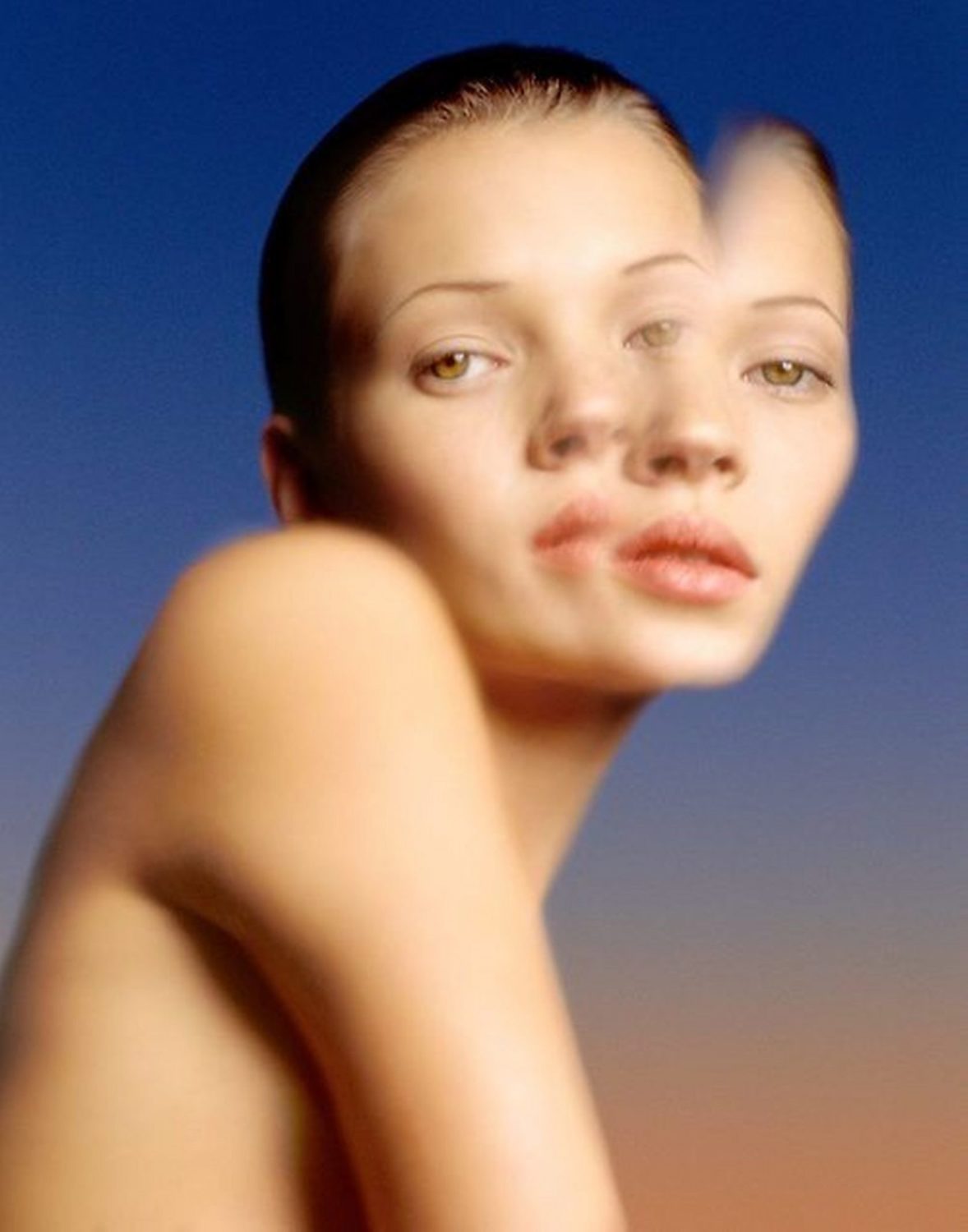 Kate Moss Abstract, Reflection on Water, 1993 by Albert Watson, color portrait of the model, double exposure