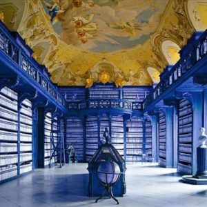biblioteca di seitenstetten by Massimo Listri, blue libary with gold ceiling fresco