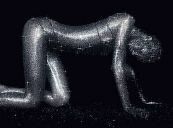 Sparkly Gisele. 1998 by Rankin, the model on all fours, covered in silver glitter
