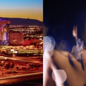 In the midst of dreams by Guido Argentini, dyptich of the Rio All-Suite Hotel and Casino in Las Vegas at night and a blurred portrait of a model and lensflair