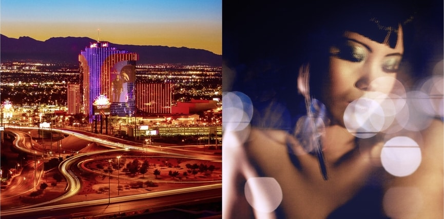 In the midst of dreams by Guido Argentini, dyptich of the Rio All-Suite Hotel and Casino in Las Vegas at night and a blurred portrait of a model and lensflair