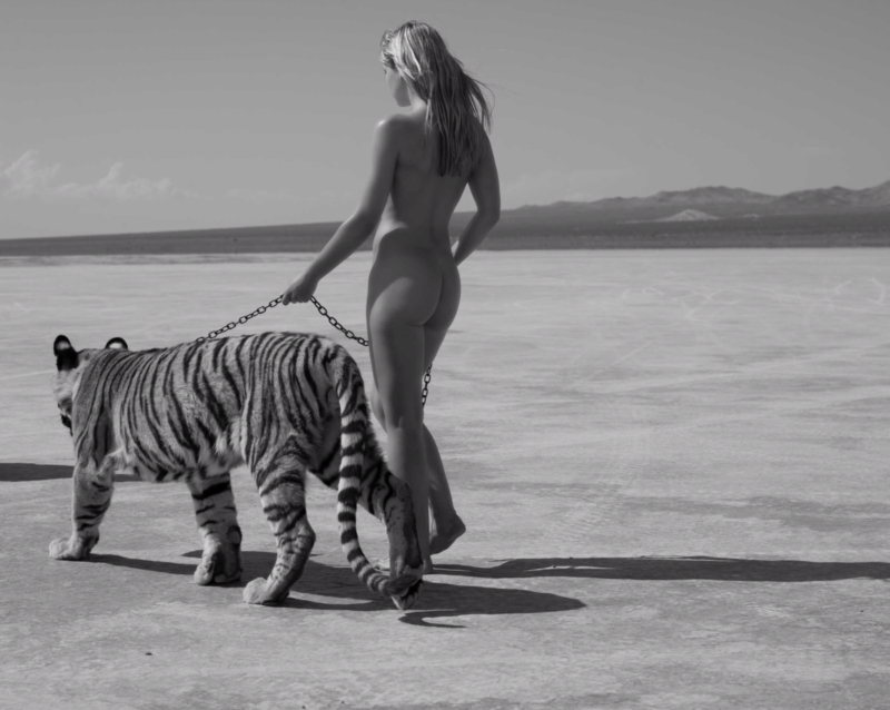Tigress by Sylvie Blum, nude model walking through a desert, leading a tiger on a chian