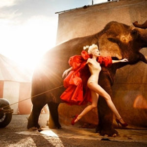 Elefant I by Kristian Schuller, model in red cape and heels jumping next to an Elephant whitle pulling an oldtimer car