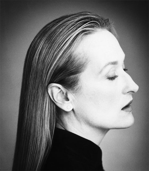Meryl Streep by Nigel Parry, black and white portrait of the actress in side profile