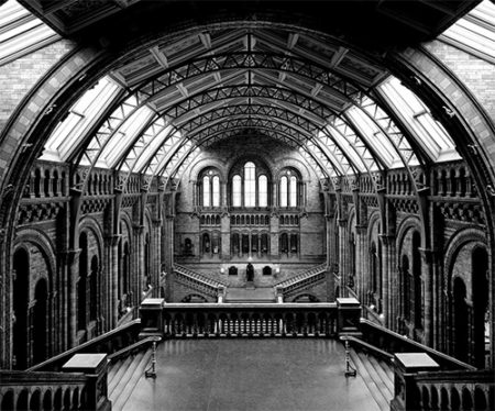 NHM London by Massimo Listri, interior view of the entry halls top floor with staircases, gothic wall decor and iron girder barrel vault