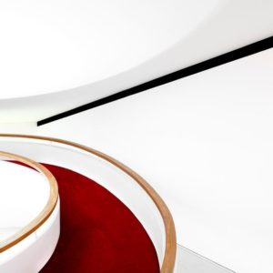 Auditorium Oscar Niemeyer by Massimo Listri, minimalistic white architecture with curved ramp, wooden handrails and red carpet