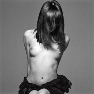 Carla Bruni, Safe Sex Campaign 1993, the nude musician sitting, her hair covering her face