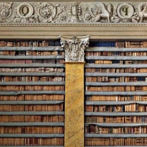 Biblioteca Paladina by Massimo Listri, closeup of a bookshelf with pilaster and relief