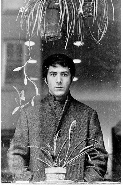 Dustin Hoffman by Terry O'Neill, the actor in a woolcout looking through a window and plants