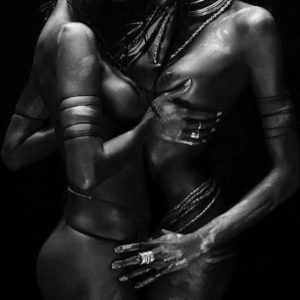 Margareth & Prisca, Paris by Bruno Bisang, two model in body paint and jewelery hugging
