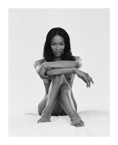 Naomi Campbell, NY 1994 by Bruno Bisang, nude model sitting with crossed legs