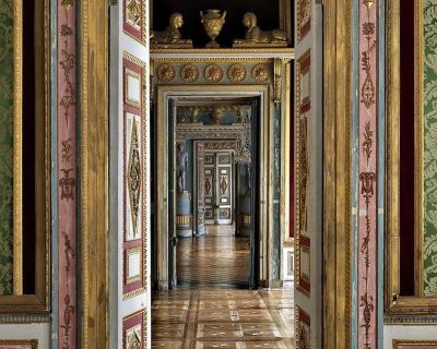 Ostankino palace by Massimo Listri, baroque enfilade in gold pink greena and blue