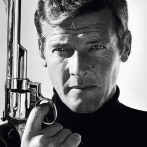 Roger Moore as James Bond by Terry O'Neill, the actor in a black turtleneck holding a gun