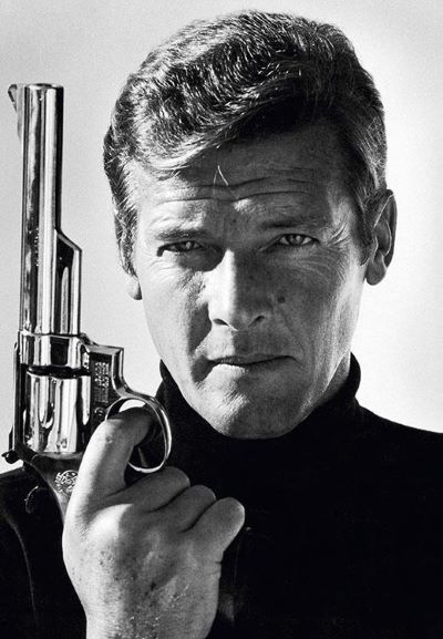 Roger Moore as James Bond by Terry O'Neill, the actor in a black turtleneck holding a gun