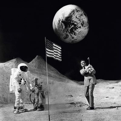 Sean Connery on the moon by Terry O'Neill, the actor playing golf next to an astronaut