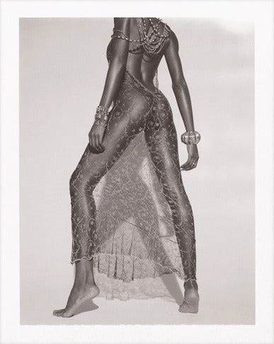 Youma Diakite, Milan 1998 by Bruno Bisanf, nude model in sheer, embroidered gown