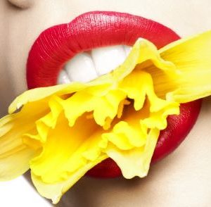 Daffodil Bitten by Rankin, Model with red Lips Biting into a yellow flower