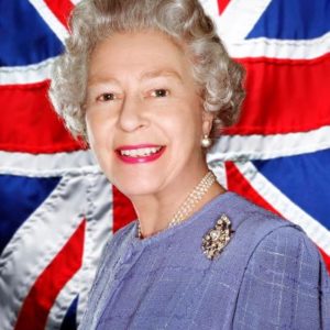 The Queen by Rankin, color portrait of the Queen in front of the english flag