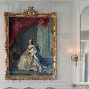 Louise-Elisabeth de France, Chateau de Versailles, 2005, portrait in gold frame on a white wall with baroque stucco and floral chairs