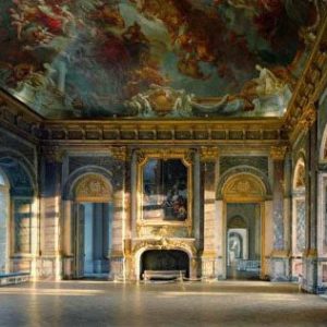 Salon d'Hercule - 1st etage, baroque interior of a hall with gold and blue decor and ceiling fresco