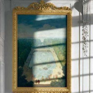 Salon des Sources, Grand Trianon by Robert Polidori, white baroque stucco wall with gold framed painting of a baroque garden with pool