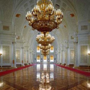 St George's Room Kremlin, Moscow, Russia, 2005 by Robert Polidori, giant baroque room with huge golden chandeliers
