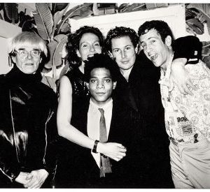 Warhol, J&J Schnabel, K. Scharf, Basquiat, Indochine, NY by Roxanne Lowit, black and white portrait of the artists