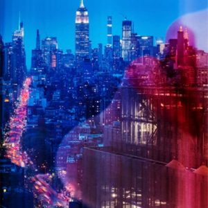Lips in New York by David Drebin, double exposure of the citylights at night and a models red lips in sideprofile
