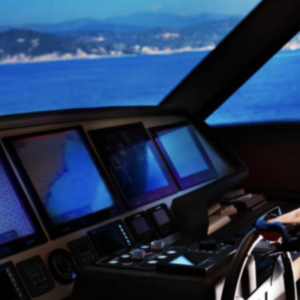 Steering Ship by David Drebin, womans leg in black heel on a ships steering wheel, a bay in the background